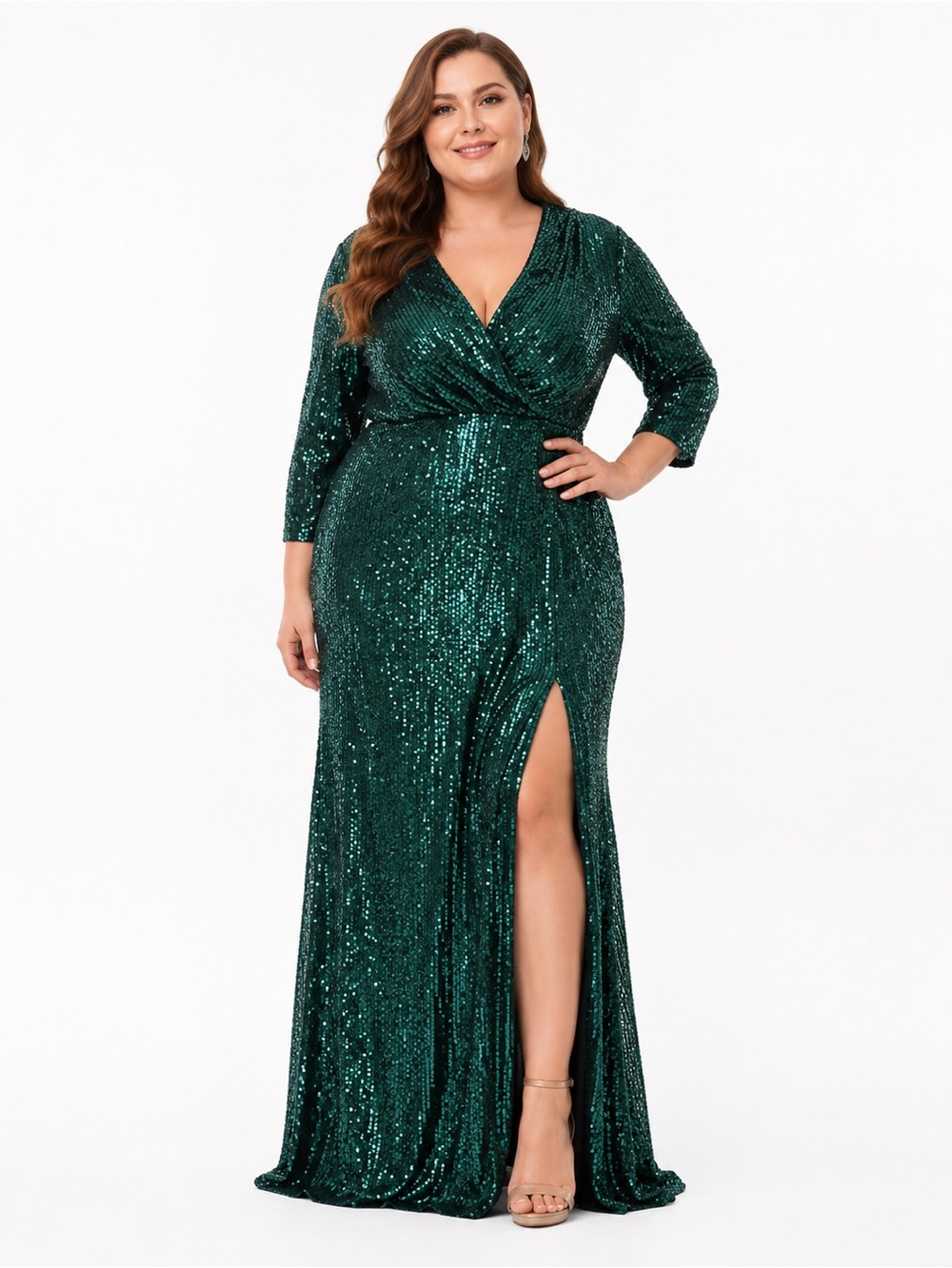Ever Pretty 4XL US 16 Emerald Green Sequin Formal Maxi Gown Front Slit